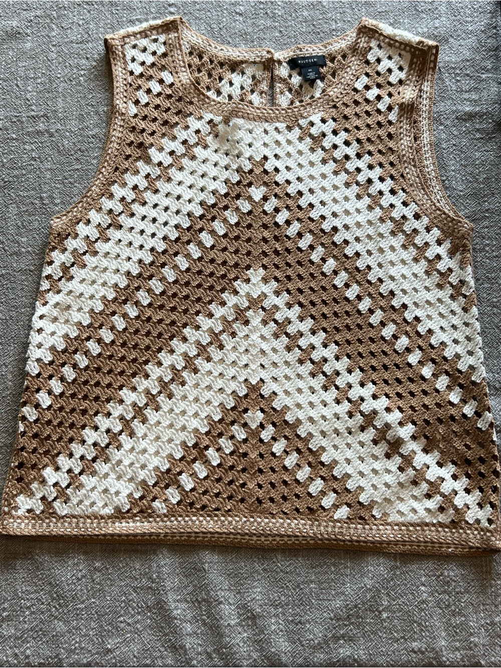 BOHO Chic , Chevron Crochet sleeveless women’s  Top in Cream & Tan; Size Medium